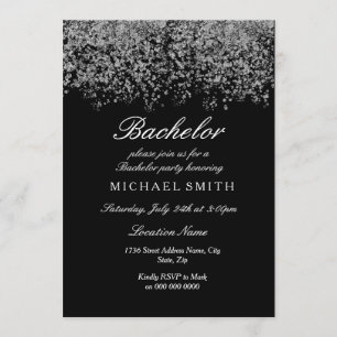 Invitation Confettis Pailletés Argent Fête de Bachelor Noir