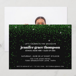 Invitation Confettis Pailletés Vert Noir Photo Fête de Diplôm