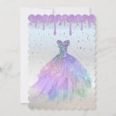 Invitation Confettis points, robe bleue gouttes violettes Qui (Dos)