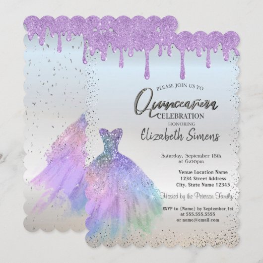 Invitation Confettis points, robe bleue gouttes violettes Qui (Devant / Derrière)