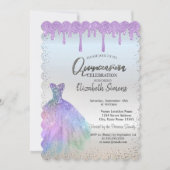 Invitation Confettis points, robe bleue gouttes violettes Qui (Devant)