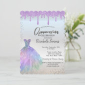 Invitation Confettis points, robe bleue gouttes violettes Qui (Debout devant)