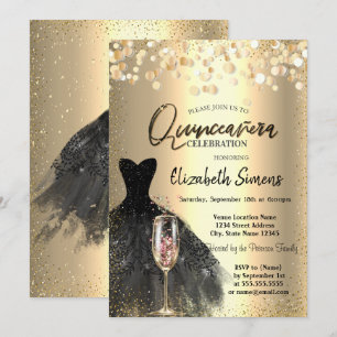 Invitation Confettis Points, Robe Noire Verre à Vin Quinceañe