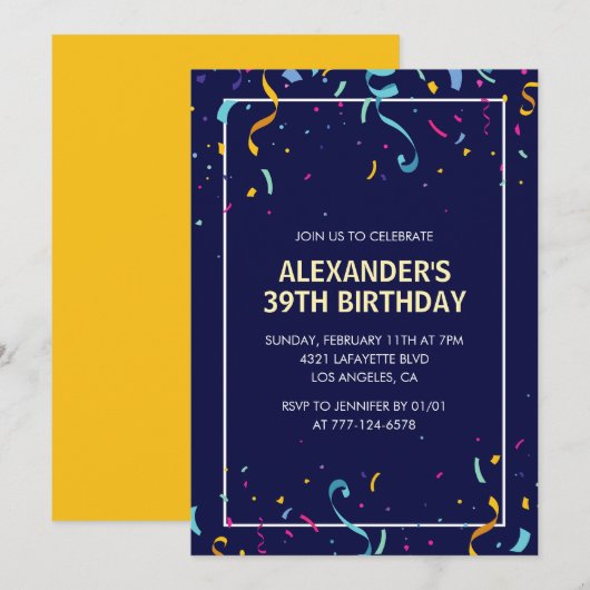 Invitation Confettis pour hommes modernes simples 39e anniver (Devant / Derrière)