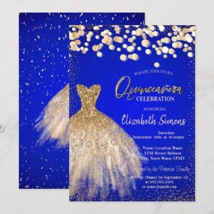 Invitation Confettis, Robe Élégante Royal Bleu Quinceañera