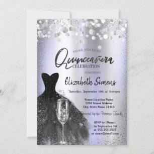 Invitation Confettis, robe noire, verre violet Quinceañera
