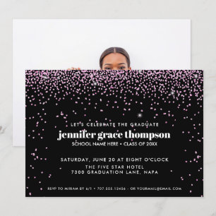 Invitation Confettis Rose et Noir Fête de Remise de Diplômes 