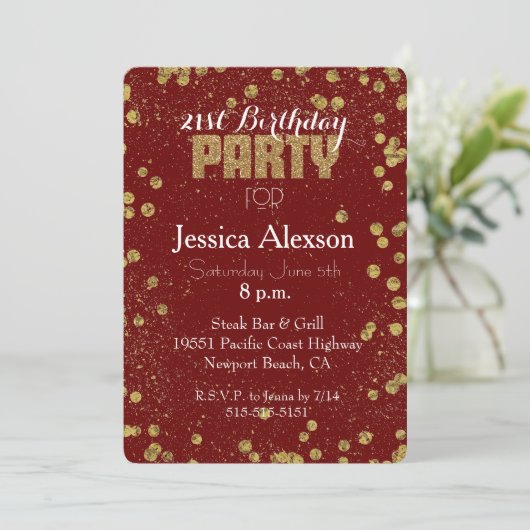 Invitation Confettis Rouges et Dorés Anniversaire 21 Ans (Debout devant)
