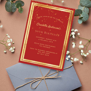 Invitation Confettis rouges et or pour fête d'anniversaire