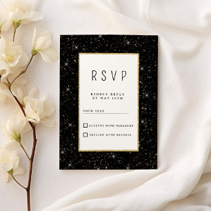 Invitation Confettis scintillants noirs et dorés RSVP