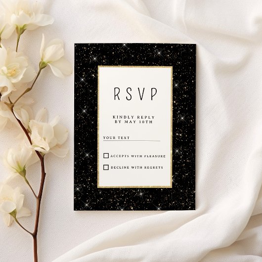 Invitation Confettis scintillants noirs et dorés RSVP