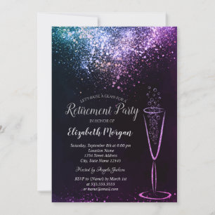 Invitation Confettis violets élégants Verre Noir Retraite