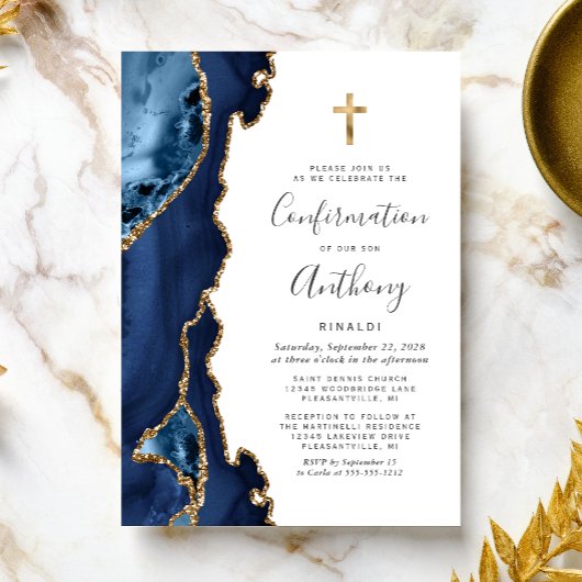 Invitation Confirmation Agate Géode Bleu Paillettes Or