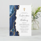 Invitation Confirmation Agate Géode Bleu Paillettes Or (Debout devant)