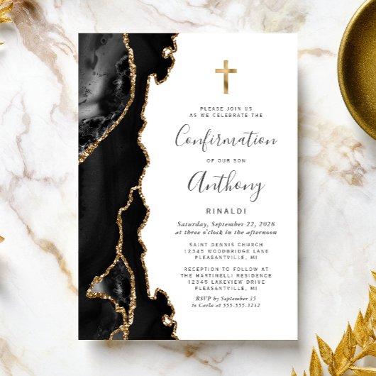 Invitation Confirmation Agate Géode Noir Paillettes Or Faux