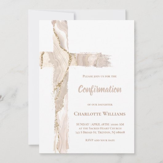 Invitation Confirmation agate rose beige Croix sainte (Devant)