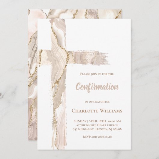 Invitation Confirmation agate rose beige Croix sainte (Devant / Derrière)