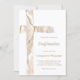 Invitation Confirmation agate rose beige Croix sainte