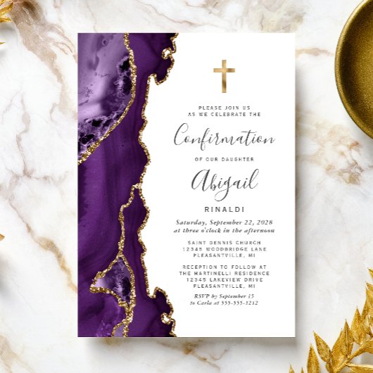 Invitation Confirmation Agate Violet Pailletée Or
