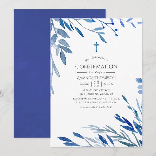 Invitation Confirmation Aquarelle Feuilles Indigo Marine (Devant / Derrière)