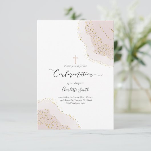 Invitation Confirmation aquarelle rose agate décor (Debout devant)