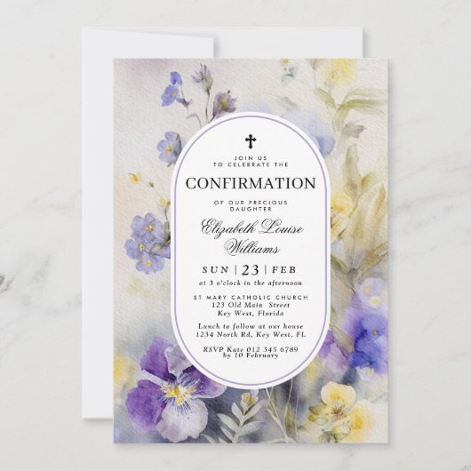 Invitation Confirmation aquarelle rustique violet et jaune (Devant)
