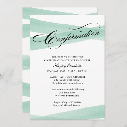 Invitation Confirmation, Aquarelle verte à la menthe Invitati (Devant / Derrière)