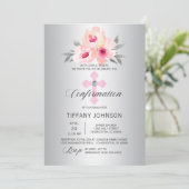 Invitation Confirmation Argent Floral Pink Cross FILLE + POEM (Debout devant)