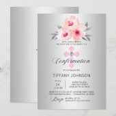 Invitation Confirmation Argent Floral Pink Cross FILLE + POEM (Devant / Derrière)