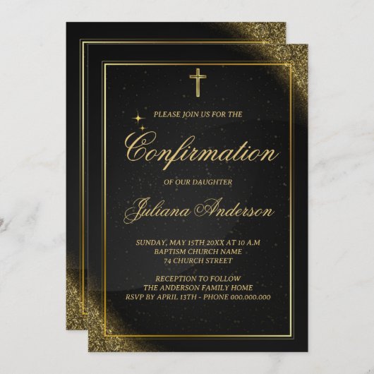 Invitation Confirmation Black and Gold Elegant (Devant / Derrière)
