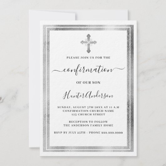 Invitation Confirmation blanc argent croix luxe (Devant)
