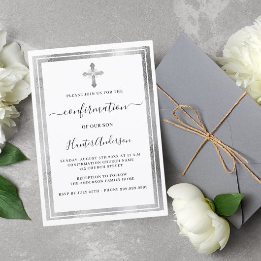 Invitation Confirmation blanc argent croix luxe