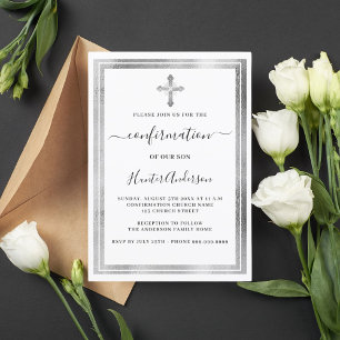 Invitation Confirmation blanc argent croix luxe