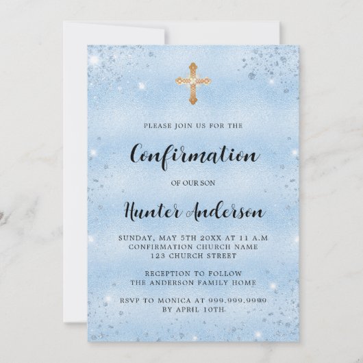 Invitation Confirmation bleu garçon élégant script luxe (Devant)