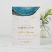 Invitation Confirmation Bleu Géode Marbre Croix Or Garçon (Debout devant)