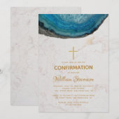 Invitation Confirmation Bleu Géode Marbre Croix Or Garçon (Devant / Derrière)