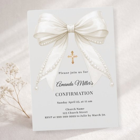 Invitation Confirmation bow ivory pearls girl gray