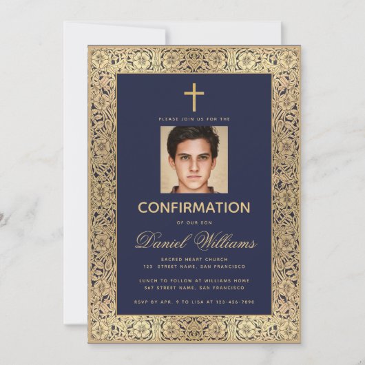 Invitation Confirmation Boy Photo Marine Blue Gold Roses Scri (Devant)