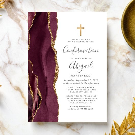 Invitation Confirmation Burgundy Agate Gold Glitter