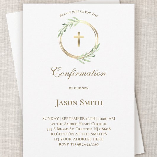 Invitation Confirmation catholique cercle or feuilles vertes