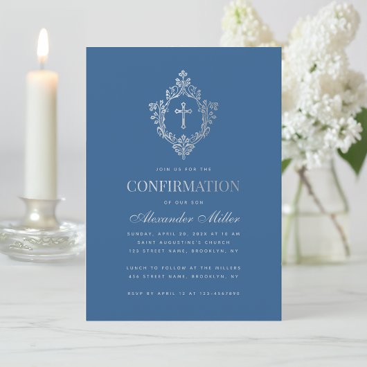 Invitation Confirmation Classic Blue Boy Faux Silver Crest