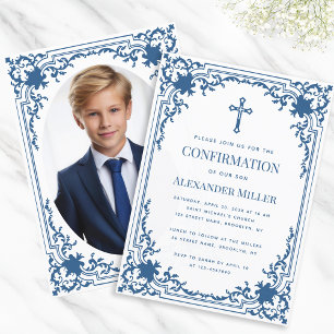 Invitation Confirmation Classic Blue Vintage Ornate Boy Photo
