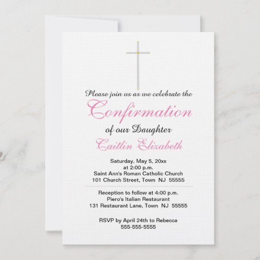 Invitation Confirmation Croix Fille rose (Devant)