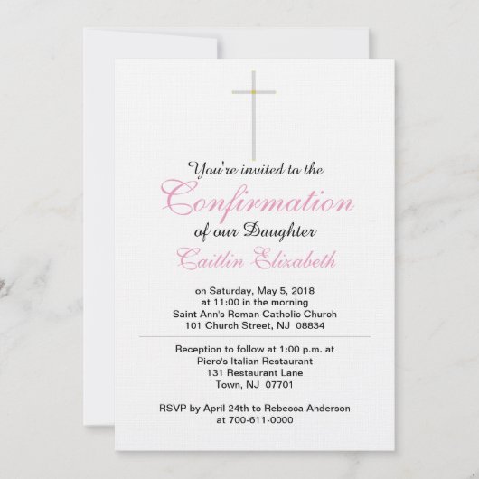 Invitation Confirmation Croix Fille rose (Devant)