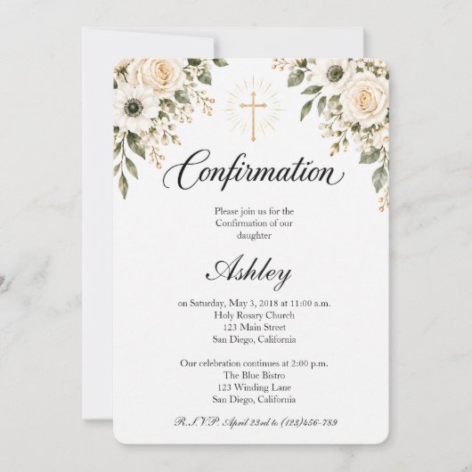 Invitation Confirmation croix florale moderne (Devant)