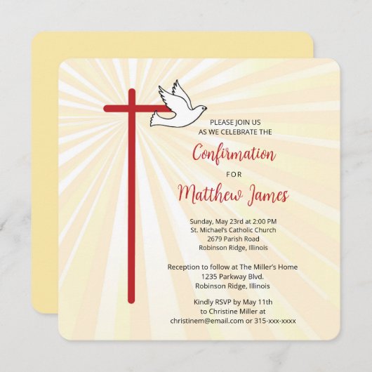Invitation Confirmation Cross Dove Gold Rays (Devant / Derrière)