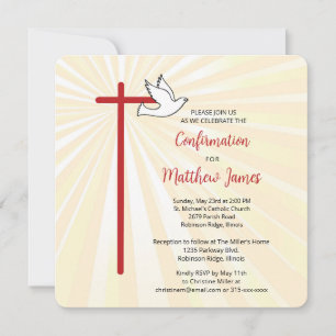 Invitation Confirmation Cross Dove Gold Rays