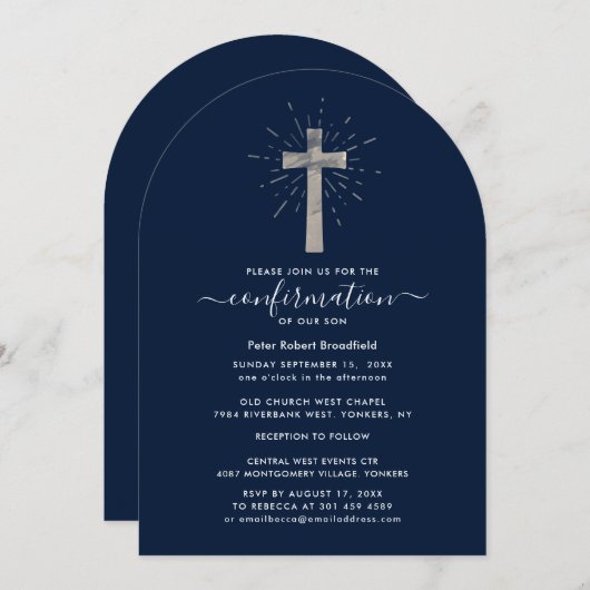 Invitation Confirmation de bébé bleu de la marine moderne Cro (Devant / Derrière)