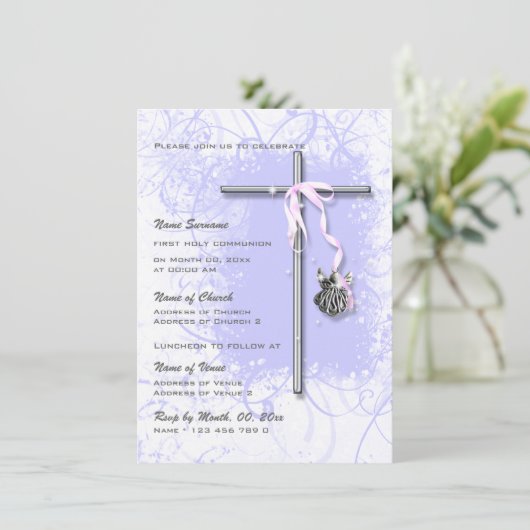 Invitation Confirmation de communion religieuse violette bapt (Debout devant)
