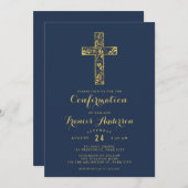 Invitation Confirmation de croix bleu or garçons (Devant / Derrière)